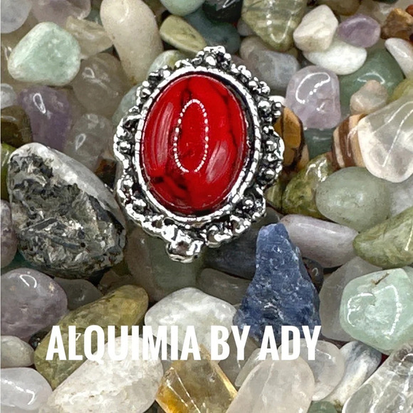 Adjustable Victorian Celtic cocktail vintage silver gem ring red turquoise - Picture 1 of 5